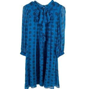 Anna Sui Printed Shift Dress Tie Front Mock Neck Chiffon Flowy Cocktail Blue 6